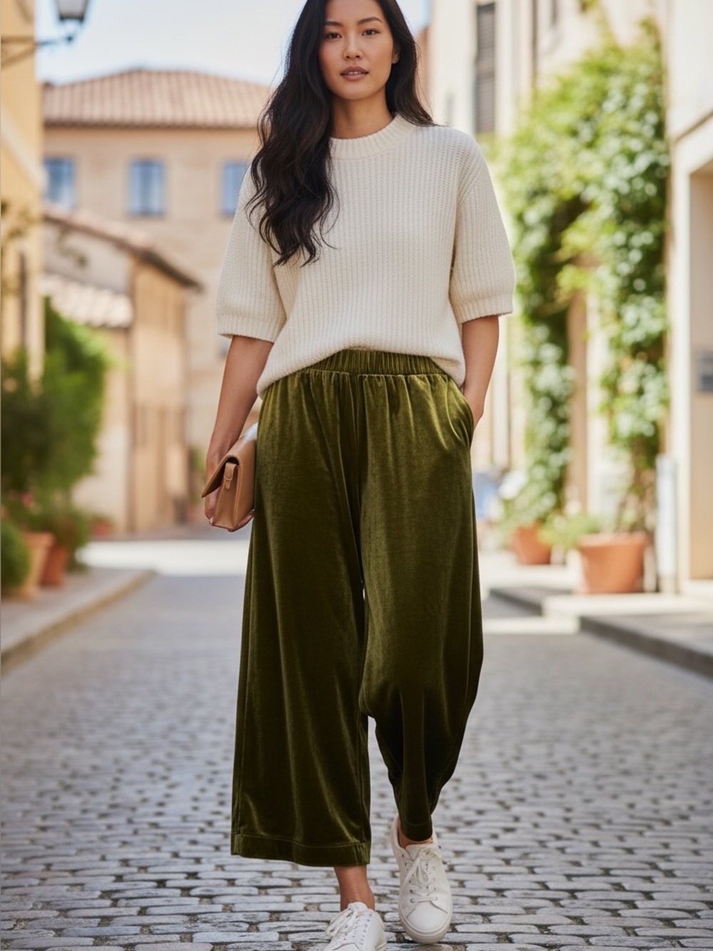 UNIQLO (M) Velour Wide Straight Leg Cropped Pants Soft Cozy Stretch Olive Green - Picture 14 of 14